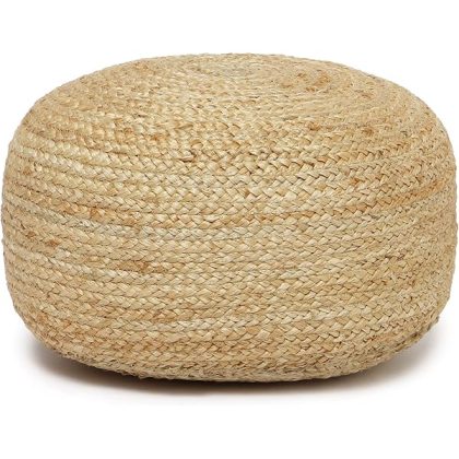 Jute Circular Low Pouf Ottoman - Braided Pouffe Accent Sitting Round Footrest for Living Room, Bedroom, Nursery, kidsroom, Patio, Gym; 100% Jute (18"x18"x10"; Natural)