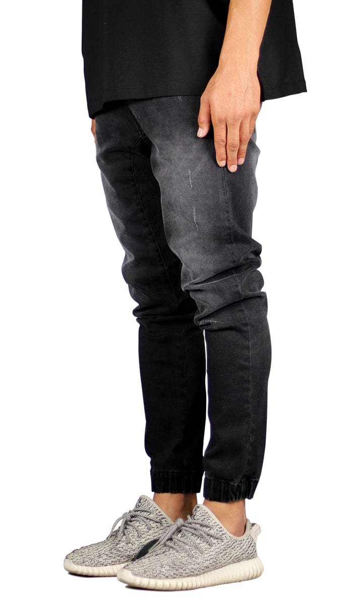 Black Drop Crotch Denim Joggers - Image 2